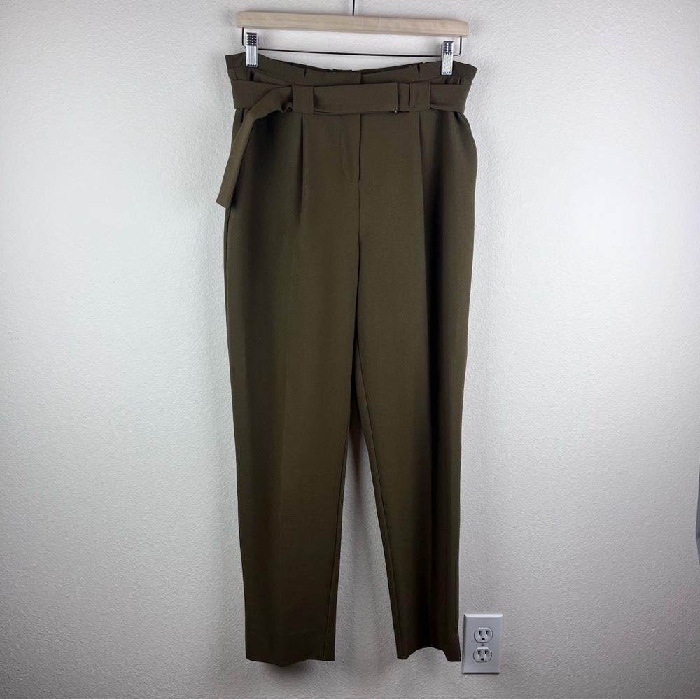 Topshop Pants Womens Six Paperbag Belted Pleated Tapered Trousers Office Green